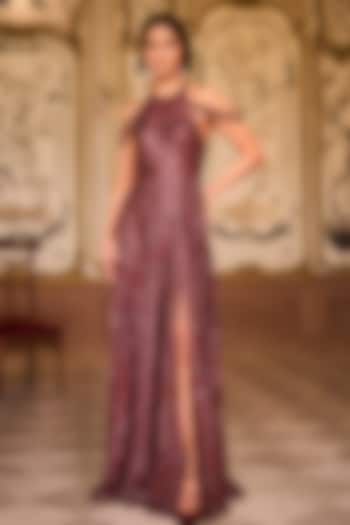 Maroon Net Exaggerated Tassels Embroidered Bridal Gown by Seema Gujral at Pernia's Pop Up Shop