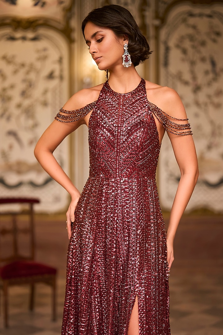 Maroon Net Exaggerated Tassels Embroidered Bridal Gown by Seema Gujral at Pernia's Pop Up Shop