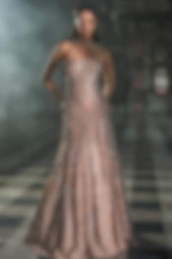 Rose Gold Net Mirror Embroidered Fish-Cut Bridal Gown by Seema Gujral at Pernia's Pop Up Shop