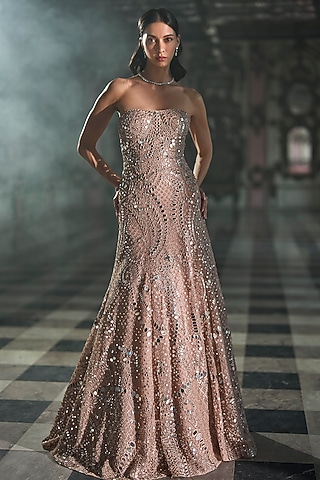 Rose Gold Net Mirror Embroidered Fish-Cut Gown by Seema Gujral