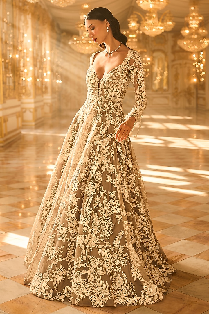 Slate Grey Net Sequins Embroidered Bridal Gown by Seema Gujral at Pernia's Pop Up Shop