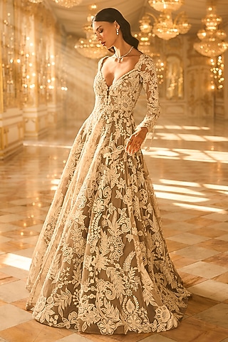 Slate Grey Net Sequins Embroidered Gown by Seema Gujral