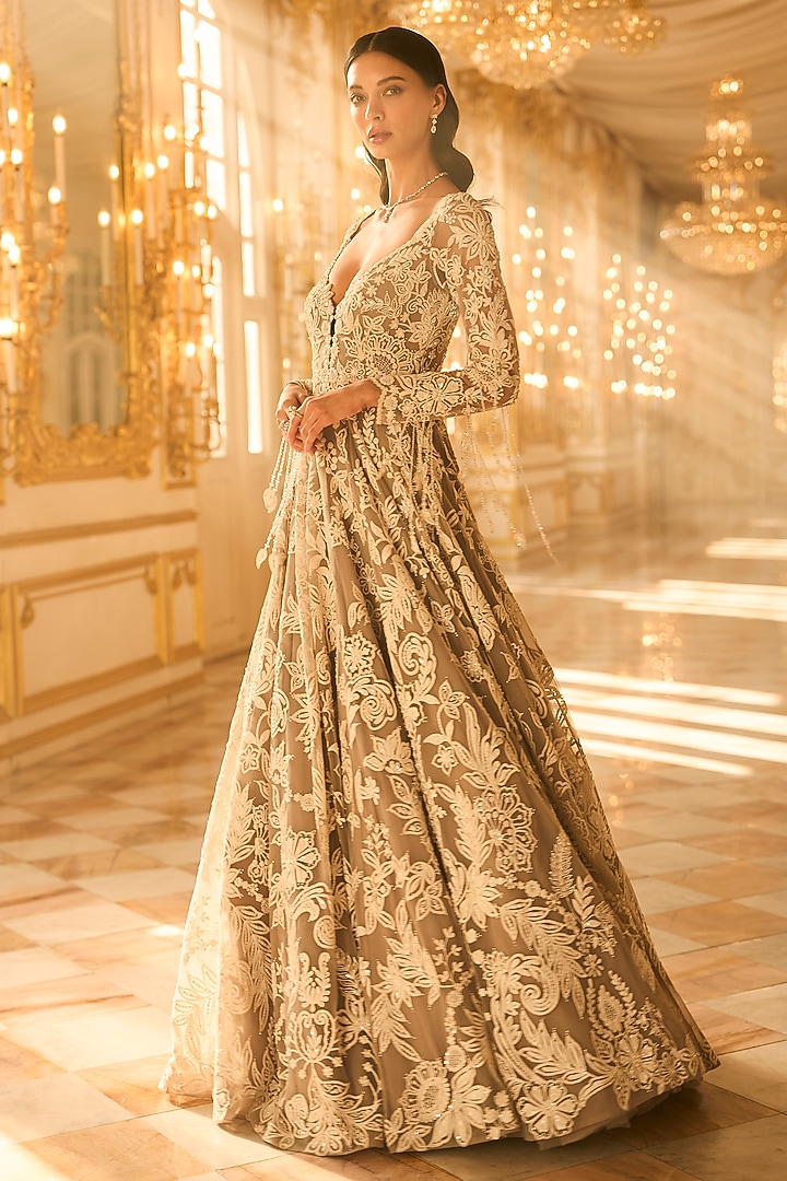 Slate Grey Net Sequins Embroidered Bridal Gown by Seema Gujral at Pernia's Pop Up Shop