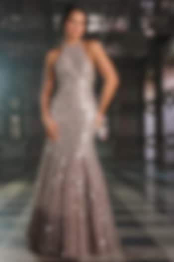 Grey Net Mirror Embroidered Bridal Gown by Seema Gujral at Pernia's Pop Up Shop