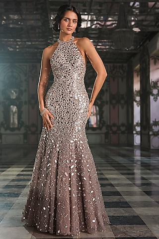 Grey Net Mirror Embroidered Gown by Seema Gujral