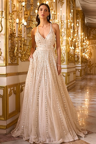 Ivory Net Sequins Embroidered Gown by Seema Gujral