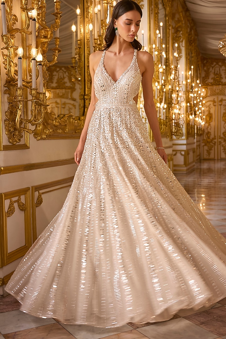 Ivory Net Sequins Embroidered Wedding Gown by Seema Gujral at Pernia's Pop Up Shop