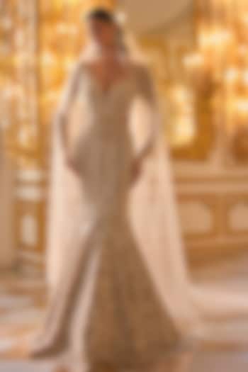 Champagne Net Sequins Embroidered Mermaid Bridal Gown by Seema Gujral at Pernia's Pop Up Shop