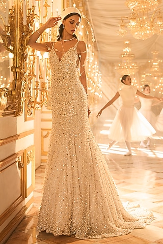 Ivory Net Pearl & Crystal Embroidered Trail Gown by Seema Gujral