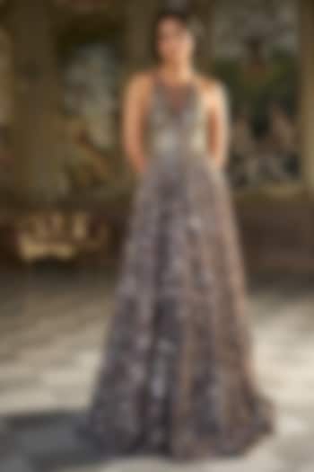 Metallic Silver Net Crystal Embroidered Bridal Gown by Seema Gujral at Pernia's Pop Up Shop