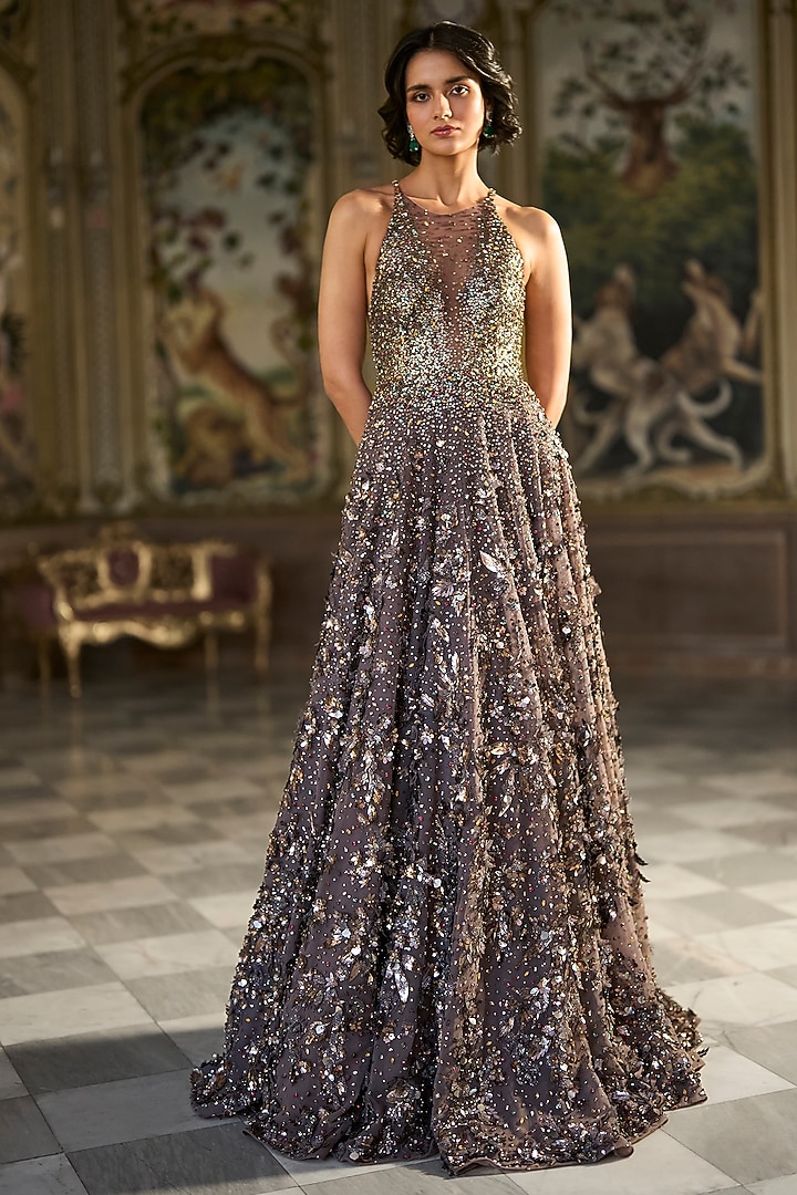 Metallic Silver Net Crystal Embroidered Bridal Gown by Seema Gujral at Pernia's Pop Up Shop