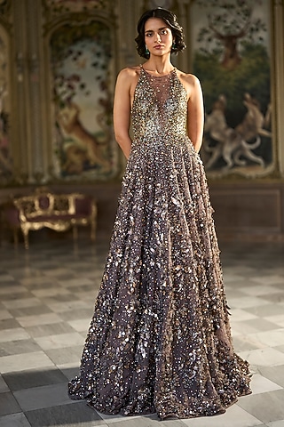 Metallic Silver Net Crystal Embroidered Gown by Seema Gujral