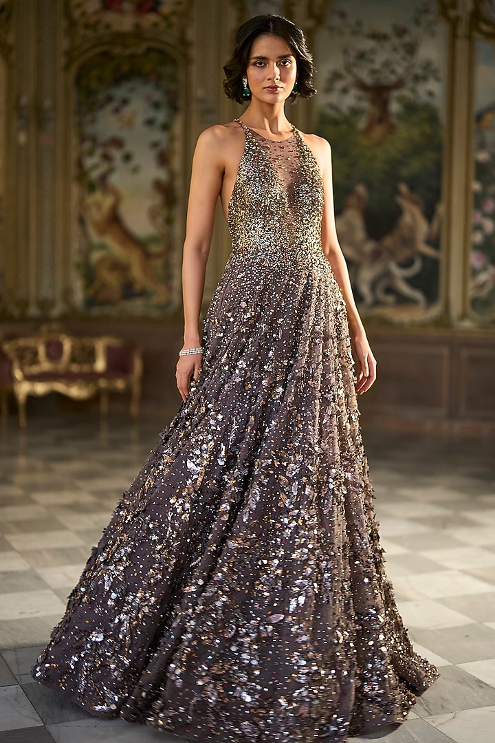Metallic Silver Net Crystal Embroidered Bridal Gown by Seema Gujral at Pernia's Pop Up Shop