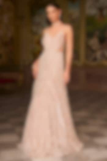 Rose Gold Net Sequins Embroidered Bridal Gown by Seema Gujral at Pernia's Pop Up Shop