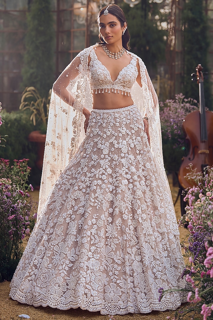 Nude Net Pearl & Sequins Embroidered Bridal Lehenga Set by Seema Gujral at Pernia's Pop Up Shop