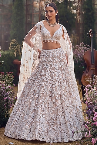 Nude Net Pearl & Sequins Embroidered Lehenga Set by Seema Gujral