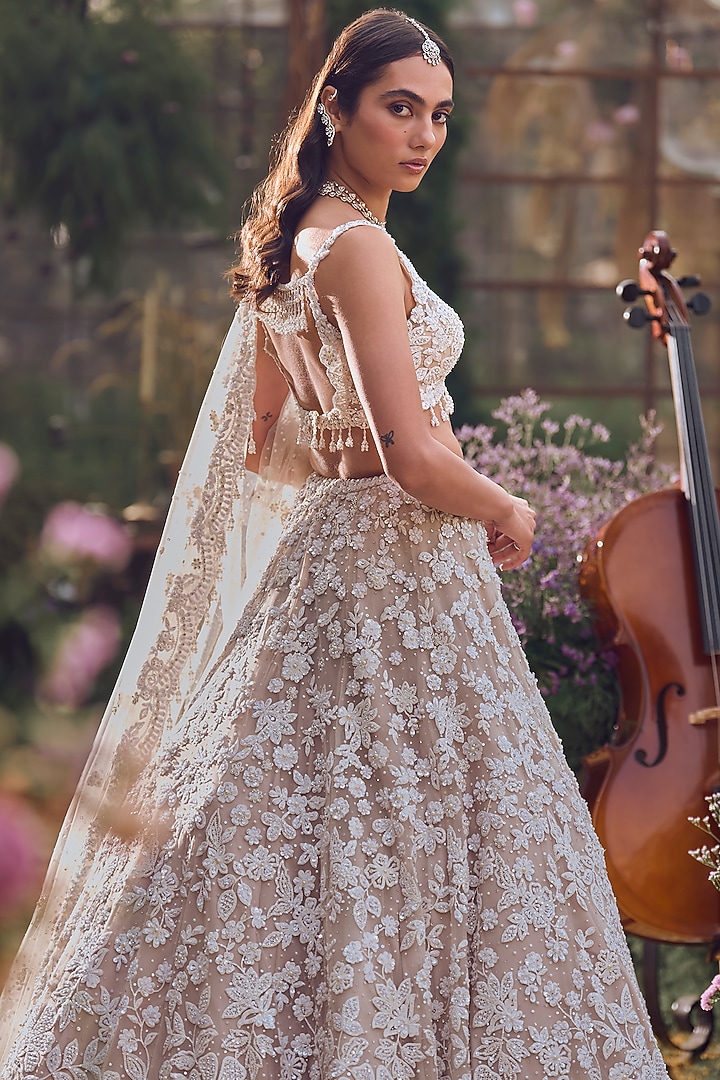 Nude Net Pearl & Sequins Embroidered Bridal Lehenga Set by Seema Gujral at Pernia's Pop Up Shop