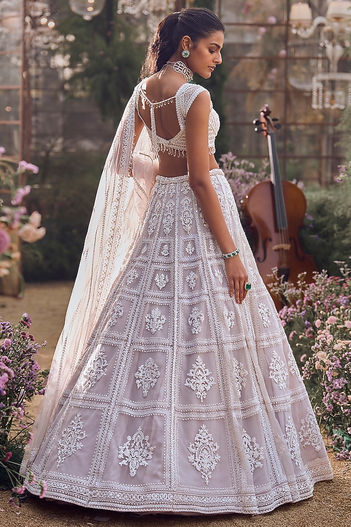 Ice Grey Net Pearl & Sequins Embroidered Bridal Lehenga Set by Seema Gujral at Pernia's Pop Up Shop