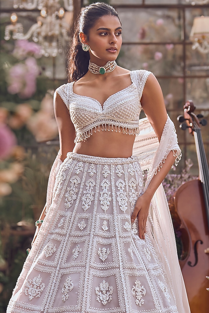 Ice Grey Net Pearl & Sequins Embroidered Bridal Lehenga Set by Seema Gujral at Pernia's Pop Up Shop