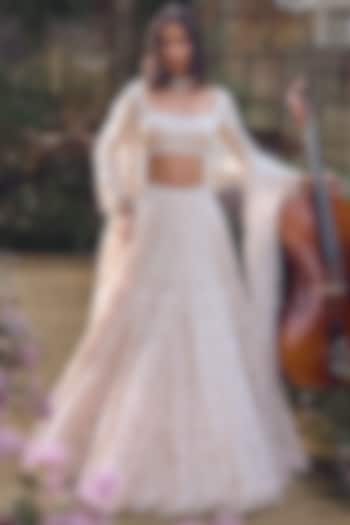 Powder Peach Net Pearl & Sequins Embroidered Bridal Lehenga Set by Seema Gujral at Pernia's Pop Up Shop