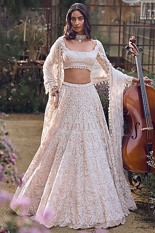 Powder Peach Net Pearl & Sequins Embroidered Lehenga Set by Seema Gujral