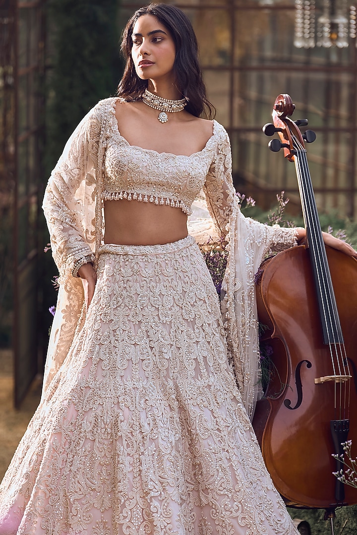 Powder Peach Net Pearl & Sequins Embroidered Bridal Lehenga Set by Seema Gujral at Pernia's Pop Up Shop