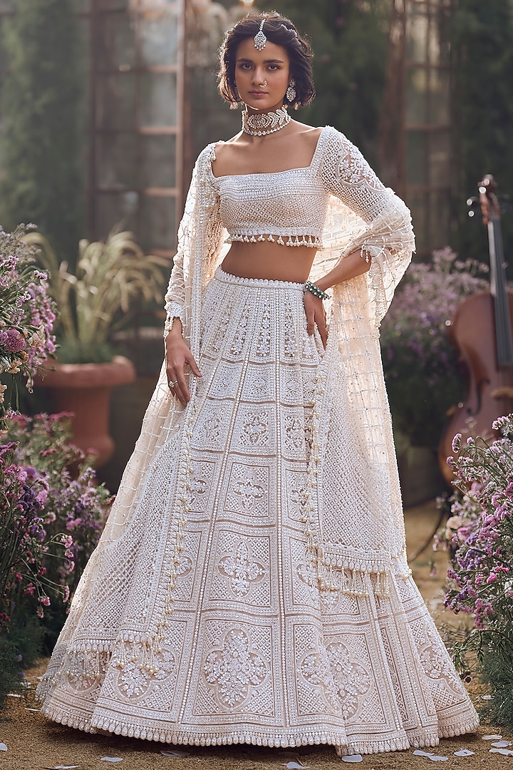 Nude Net Pearl & Sequins Embroidered Bridal Lehenga Set by Seema Gujral at Pernia's Pop Up Shop