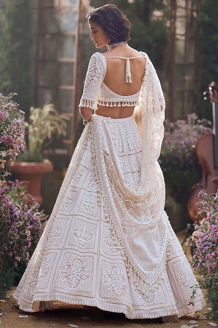Nude Net Pearl & Sequins Embroidered Bridal Lehenga Set by Seema Gujral at Pernia's Pop Up Shop