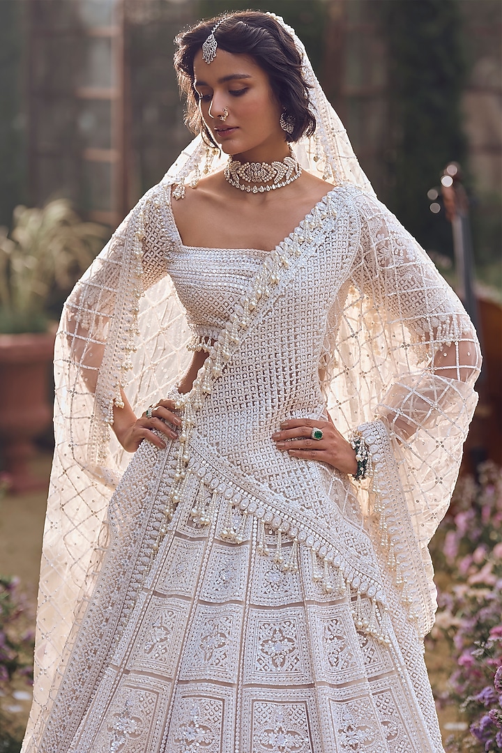 Nude Net Pearl & Sequins Embroidered Bridal Lehenga Set by Seema Gujral at Pernia's Pop Up Shop