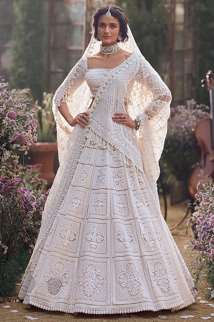 Nude Net Pearl & Sequins Embroidered Bridal Lehenga Set by Seema Gujral at Pernia's Pop Up Shop