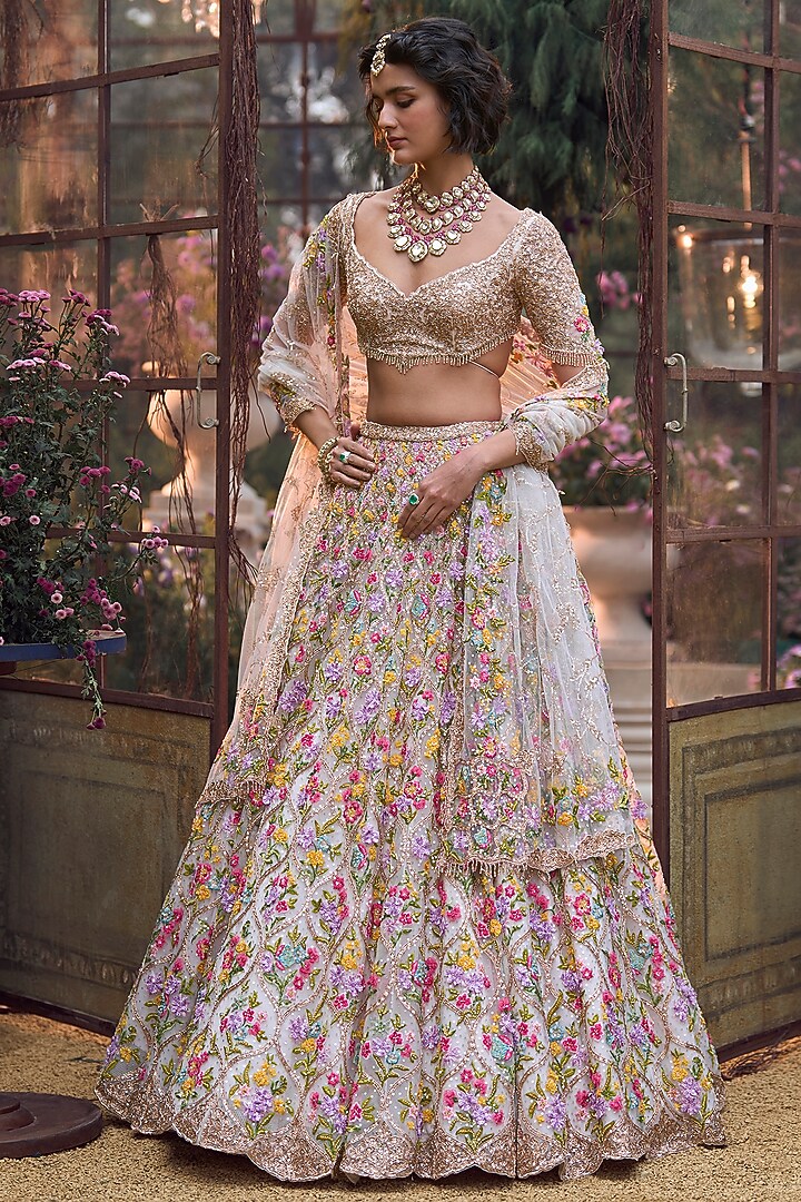 Multi-Colored Net Floral Sequins Embroidered Bridal Lehenga Set by Seema Gujral at Pernia's Pop Up Shop