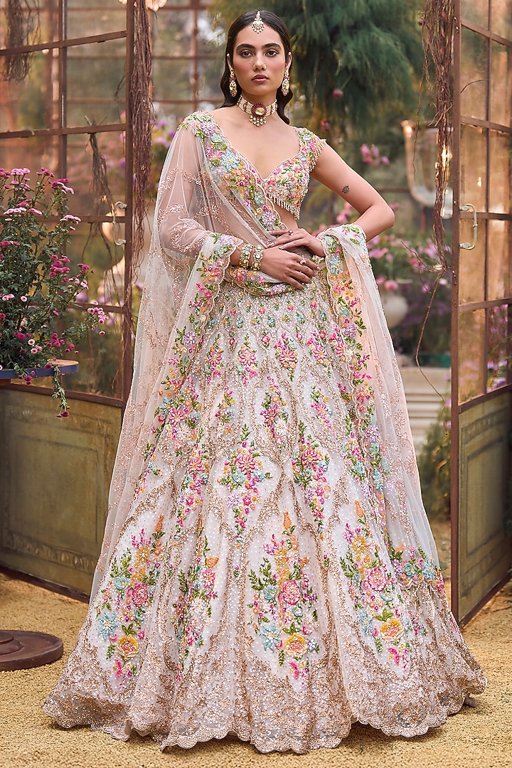 Multi-Colored Net Floral Sequins Embroidered Bridal Lehenga Set by Seema Gujral at Pernia's Pop Up Shop