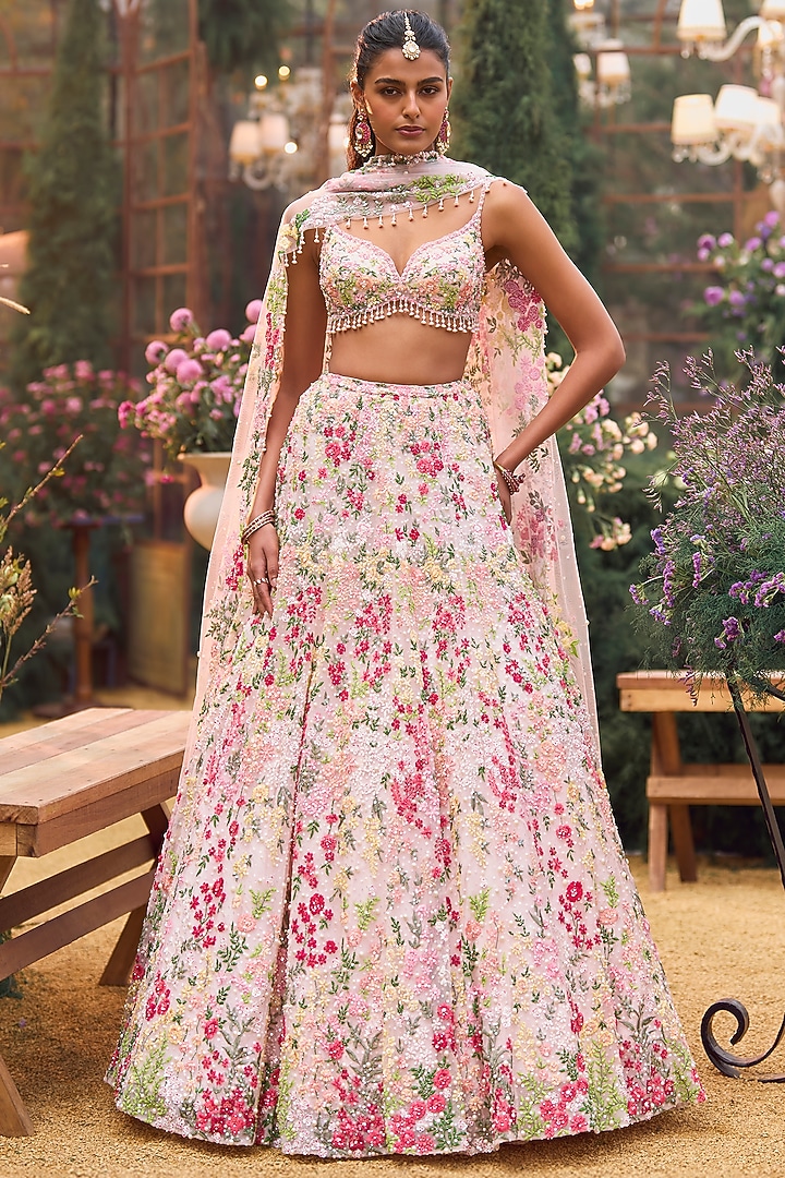 Powder Peach Net Sequins Embroidered Bridal Lehenga Set by Seema Gujral at Pernia's Pop Up Shop