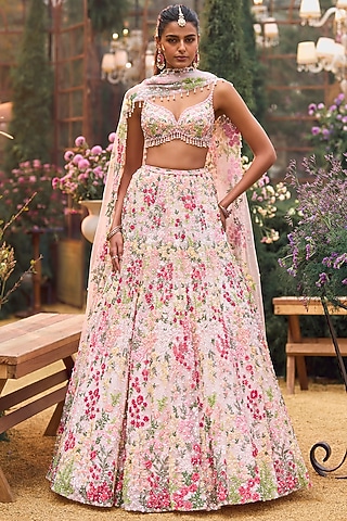 Powder Peach Net Sequins Embroidered Lehenga Set by Seema Gujral