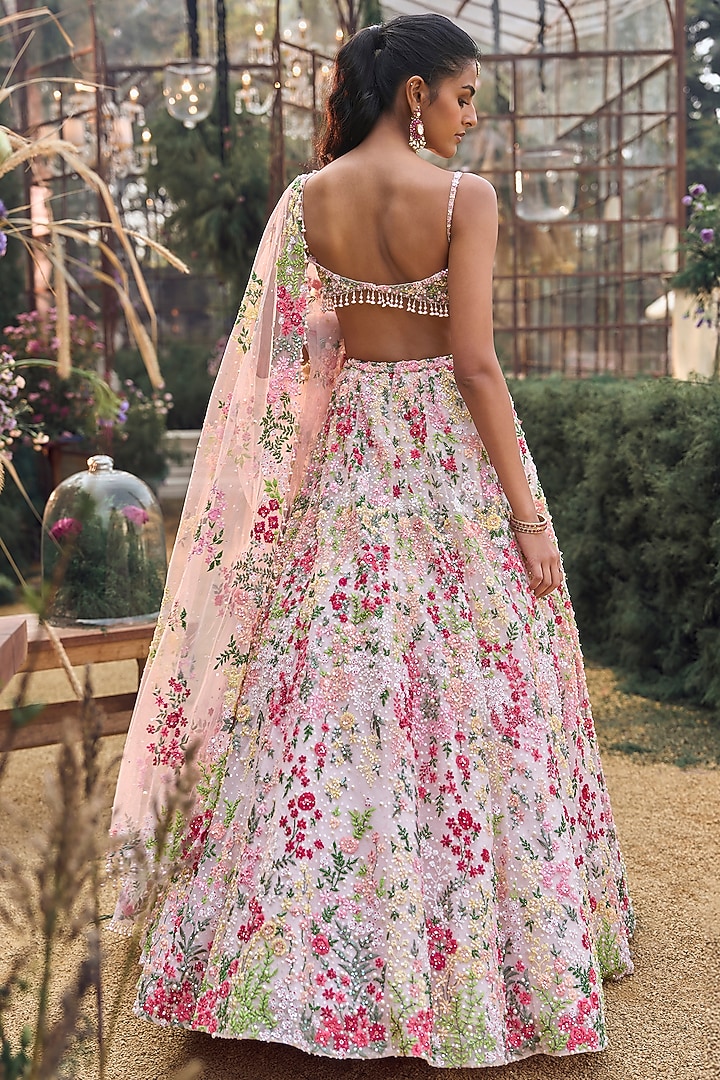 Powder Peach Net Sequins Embroidered Bridal Lehenga Set by Seema Gujral at Pernia's Pop Up Shop