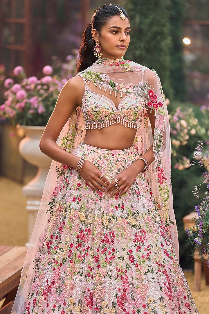 Powder Peach Net Sequins Embroidered Bridal Lehenga Set by Seema Gujral at Pernia's Pop Up Shop