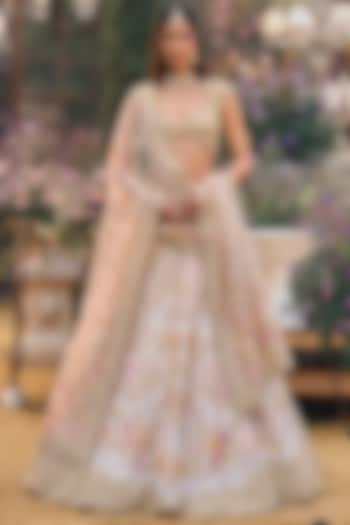 Multi-Colored Net Floral Applique Embroidered Bridal Lehenga Set by Seema Gujral at Pernia's Pop Up Shop