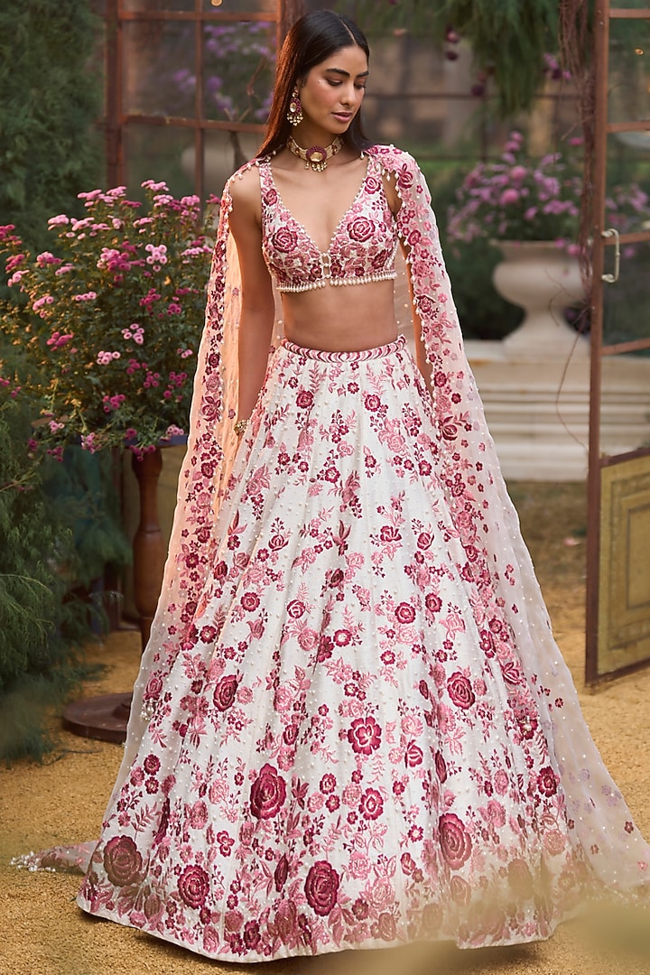 Ruby Net Floral Applique Embroidered Bridal Lehenga Set by Seema Gujral at Pernia's Pop Up Shop