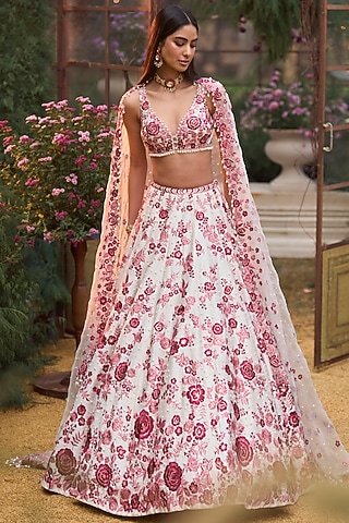 Ruby Net Floral Applique Embroidered Lehenga Set by Seema Gujral