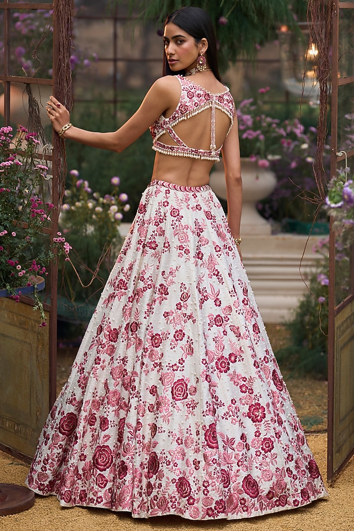 Ruby Net Floral Applique Embroidered Bridal Lehenga Set by Seema Gujral at Pernia's Pop Up Shop