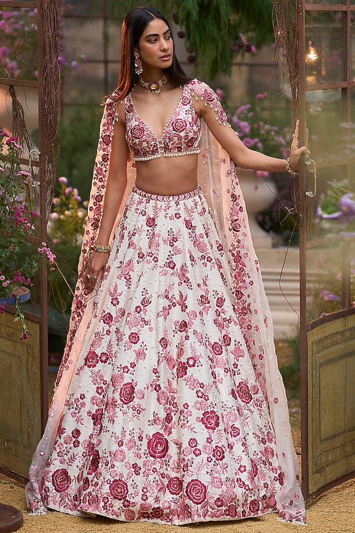 Ruby Net Floral Applique Embroidered Bridal Lehenga Set by Seema Gujral at Pernia's Pop Up Shop