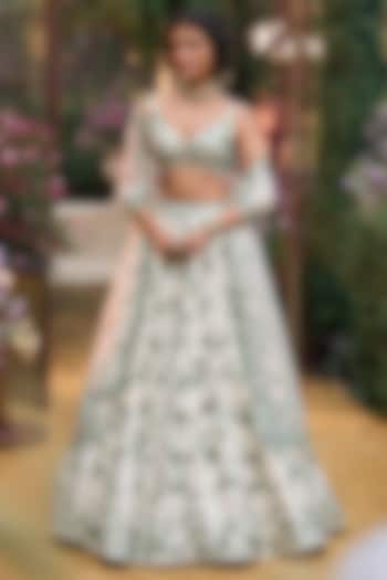 Emerald Green Net Floral Thread Embroidered Bridal Lehenga Set by Seema Gujral at Pernia's Pop Up Shop