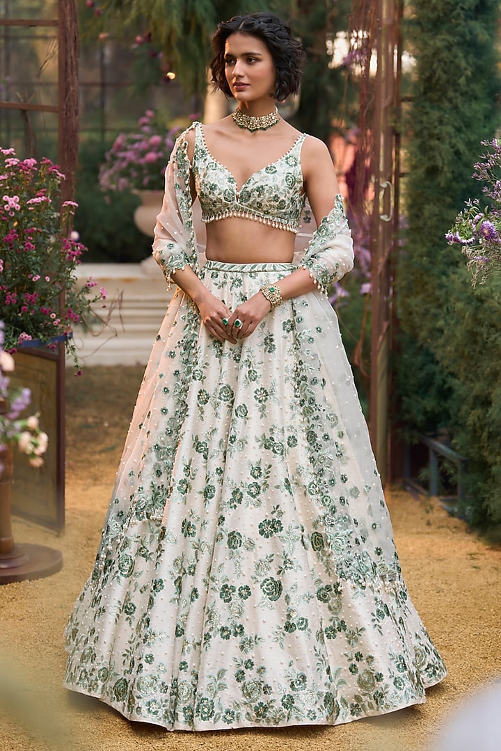 Emerald Green Net Floral Thread Embroidered Bridal Lehenga Set by Seema Gujral at Pernia's Pop Up Shop