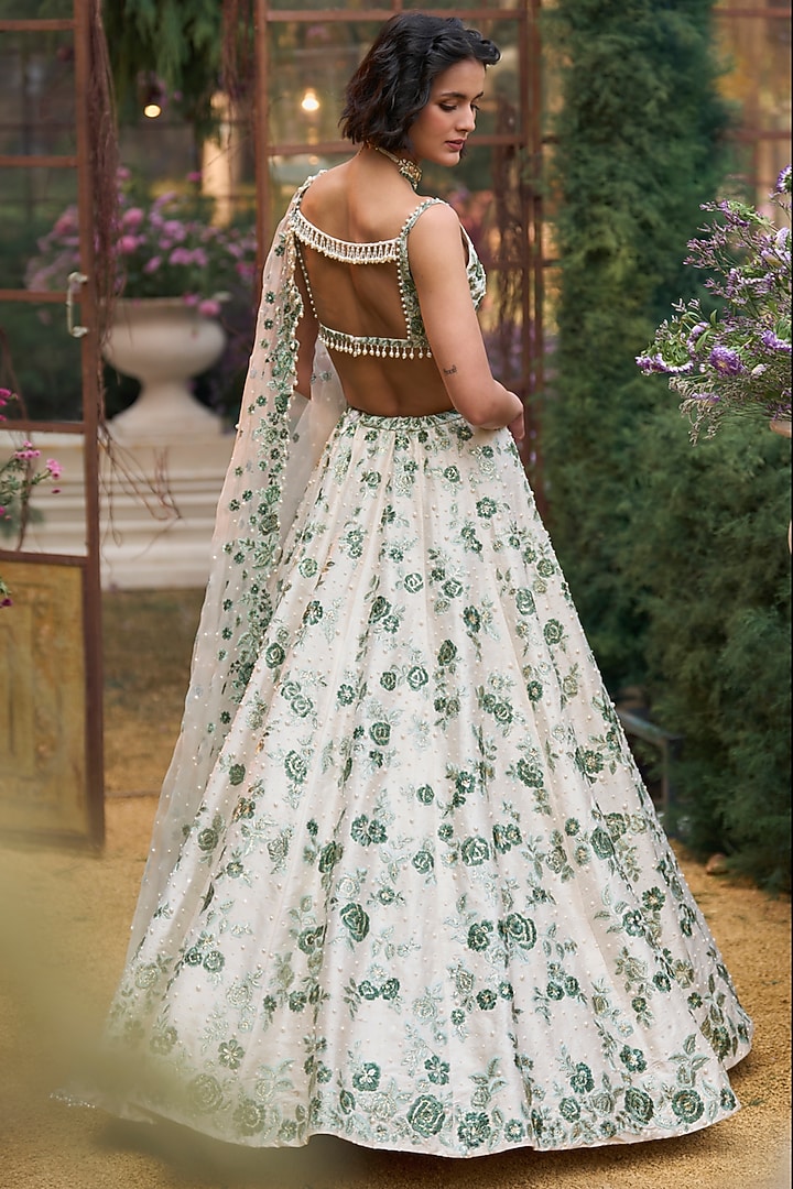 Emerald Green Net Floral Thread Embroidered Bridal Lehenga Set by Seema Gujral at Pernia's Pop Up Shop