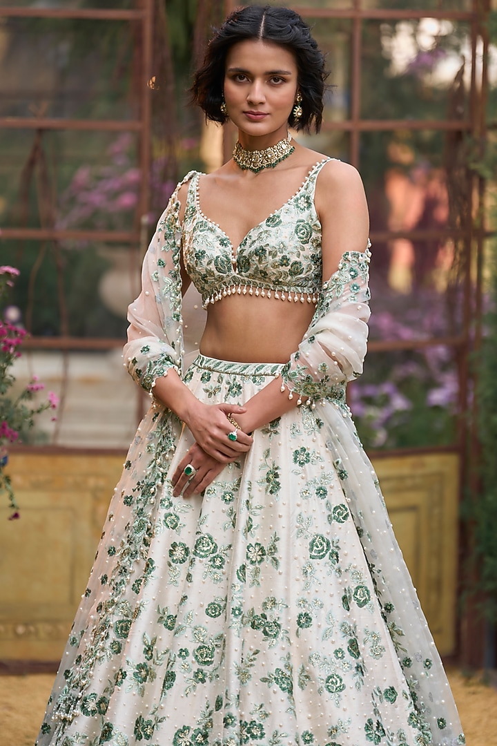 Emerald Green Net Floral Thread Embroidered Bridal Lehenga Set by Seema Gujral at Pernia's Pop Up Shop