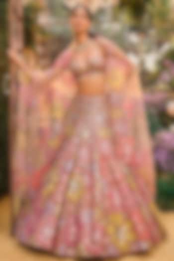 Coffee Brown Net Floral Applique Embroidered Bridal Lehenga Set by Seema Gujral at Pernia's Pop Up Shop