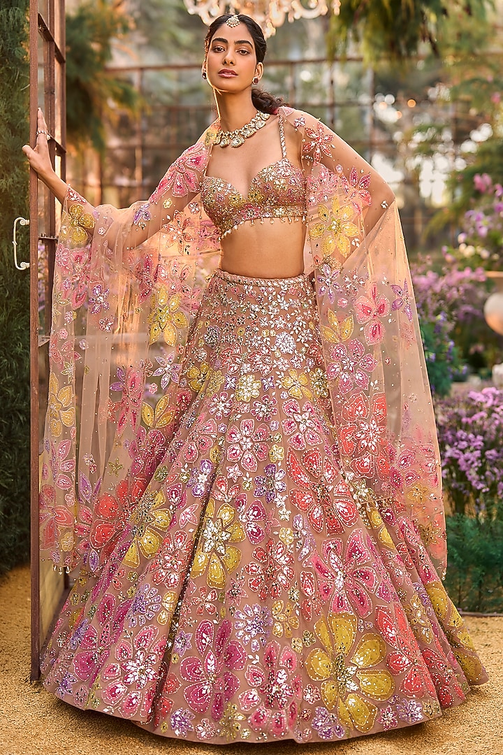 Coffee Brown Net Floral Applique Embroidered Bridal Lehenga Set by Seema Gujral at Pernia's Pop Up Shop