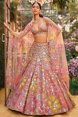Coffee Brown Net Floral Applique Embroidered Lehenga Set by Seema Gujral