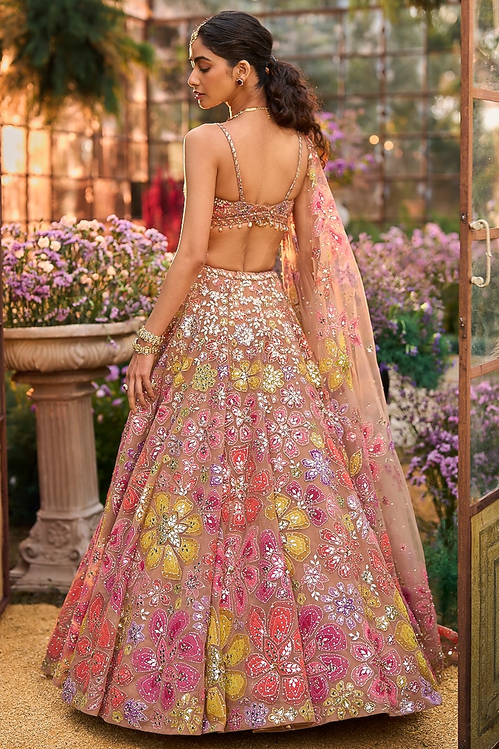 Coffee Brown Net Floral Applique Embroidered Bridal Lehenga Set by Seema Gujral at Pernia's Pop Up Shop