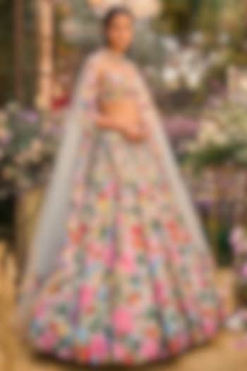 Multi-Colored Net Floral Thread Embroidered Bridal Lehenga Set by Seema Gujral at Pernia's Pop Up Shop